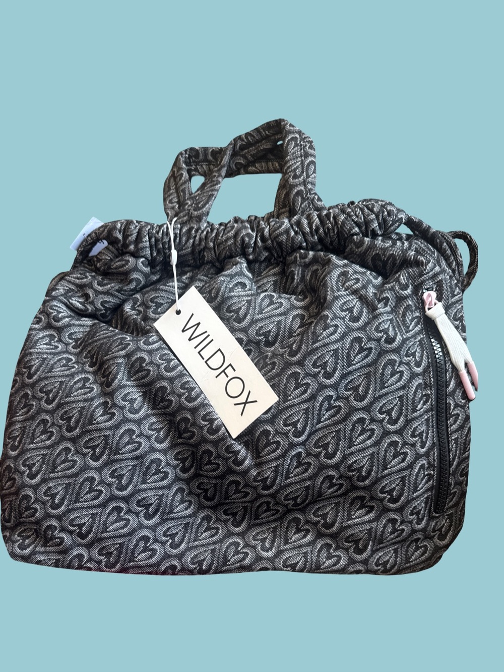 WILDFOX Charcoal Gray Heart Jacquard Drawstring backpack